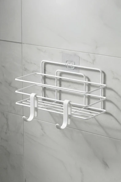 Tekli Beyaz Yapışkanlı Banyo Rafı + 2’li Askı Kanca Seti – Paslanmaz Metal Duş Şampuanlık (Yapıştır/Vidala) – TŞ-01 - Resim 4