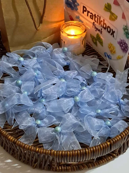 Pratikbox Fiyonk / Tül 2cm'lik / Hediyelik / Süsleme / Mavi Renk/Yarım İnci Boncuklu / 50 Adet ürün görseli 1