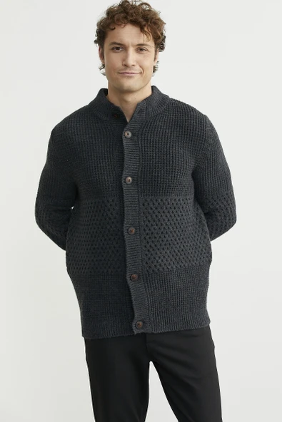 Petek Motifli Dik Yaka Triko Hırka - Antrasit - Resim 2