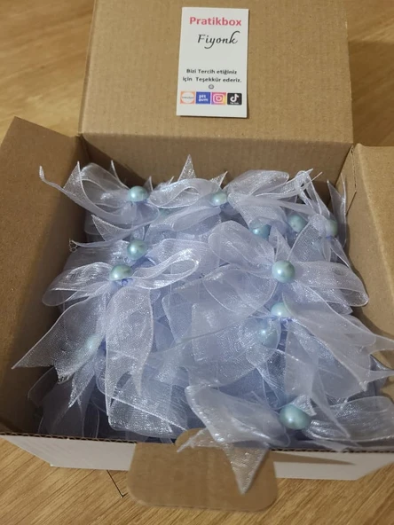 Pratikbox Fiyonk / Tül 2cm'lik / Hediyelik / Süsleme / Mavi Renk/Yarım İnci Boncuklu / 50 Adet - Resim 5