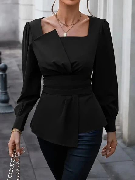 MDB Kadın Uzun Kollu Geometrik Yakalı Belden Oturmalı Ithal Krep Bluz - Resim 3