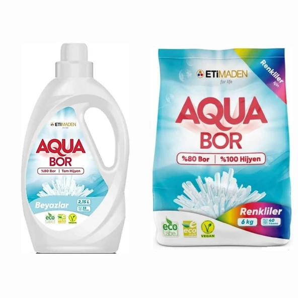 AQUABOR ÇAMAŞIR DETERJANI  TOZ 6 KG RENKLİLER İÇİN+33 YIKAMA BEYAZLAR İÇİN SIVI ürün görseli 1