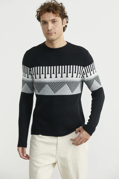 Çift Renk Motifli Triko Kazak - Siyah - Resim 2