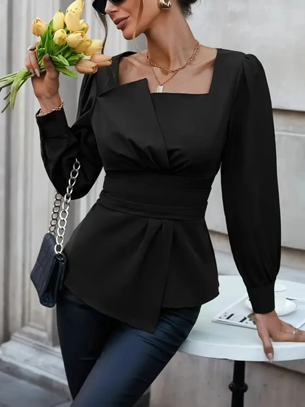 MDB Kadın Uzun Kollu Geometrik Yakalı Belden Oturmalı Ithal Krep Bluz - Resim 2