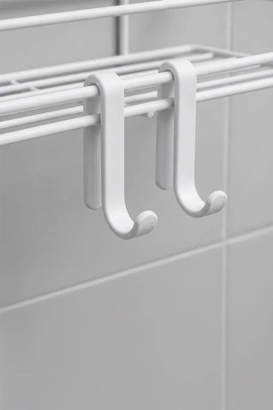 Tekli Beyaz Yapışkanlı Banyo Rafı + 2’li Askı Kanca Seti – Paslanmaz Metal Duş Şampuanlık (Yapıştır/Vidala) – TŞ-01 - Resim 5