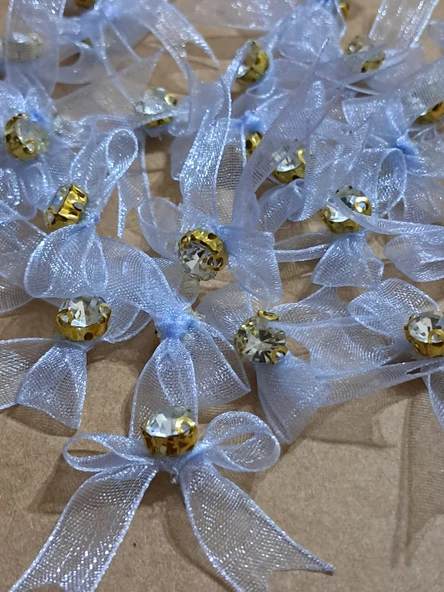 Pratikbox Mini Fiyonk / Altın Tek Taşlı / Tül 1cm'lik / Hediyelik / Süsleme / Mavi Renk / 50 Adet ürün görseli 1