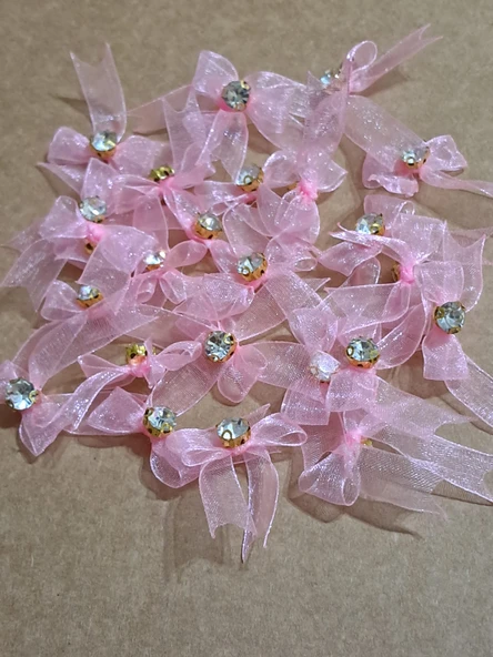 Pratikbox Mini Fiyonk / Altın Tek Taşlı / Tül 1cm'lik / Hediyelik / Süsleme / PEMBE Renk / 50 Adet - Resim 4