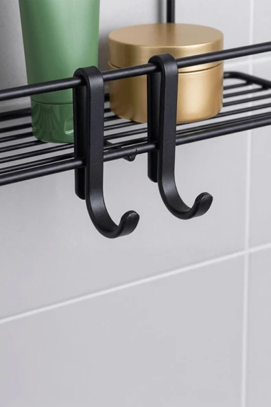 Tekli Siyah Yapışkanlı Banyo Rafı + 2’li Askı Kanca Seti – Paslanmaz Metal Duş Şampuanlık (Yapıştır/Vidala) – TŞ-01 - Resim 5