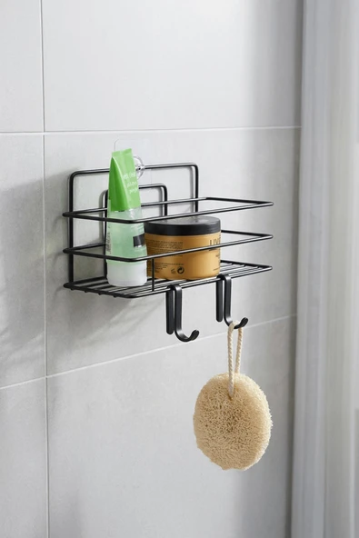 Tekli Siyah Yapışkanlı Banyo Rafı + 2’li Askı Kanca Seti – Paslanmaz Metal Duş Şampuanlık (Yapıştır/Vidala) – TŞ-01 - Resim 2