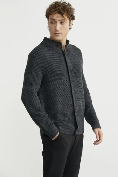 Petek Motifli Dik Yaka Triko Hırka - Antrasit - Resim 3