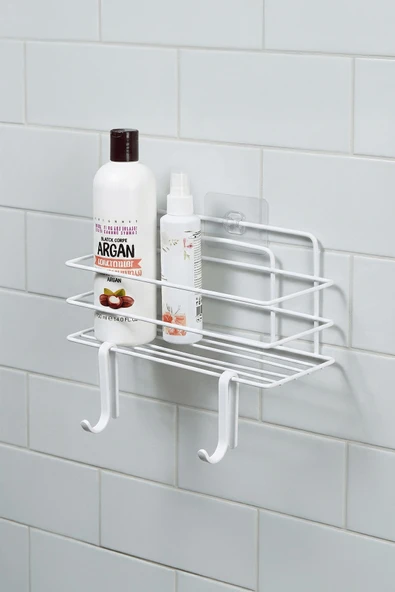 Tekli Beyaz Yapışkanlı Banyo Rafı + 2’li Askı Kanca Seti – Paslanmaz Metal Duş Şampuanlık (Yapıştır/Vidala) – TŞ-01 ürün görseli 1