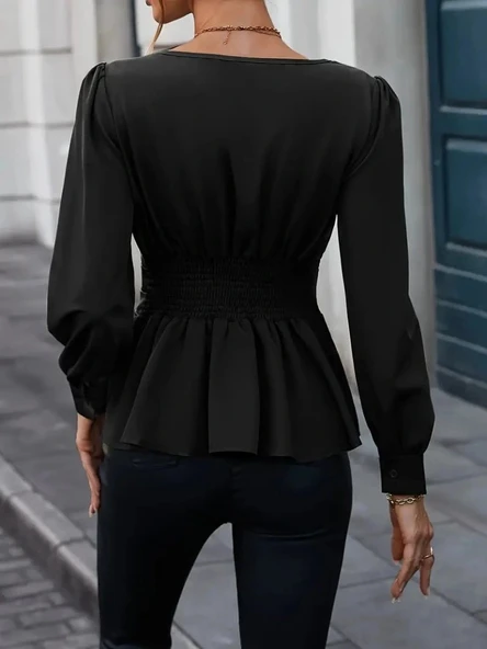 MDB Kadın Uzun Kollu Geometrik Yakalı Belden Oturmalı Ithal Krep Bluz - Resim 4