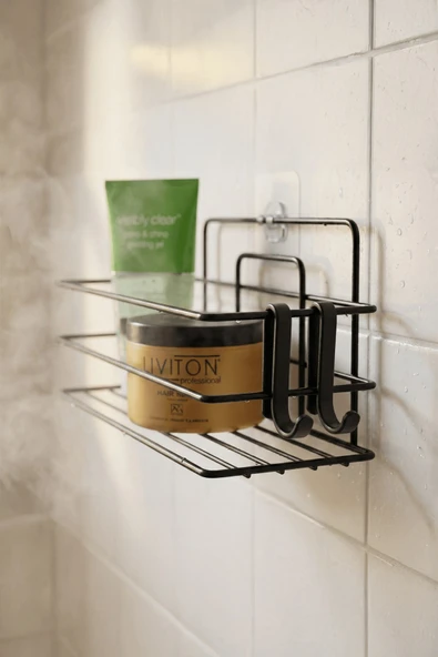 Tekli Siyah Yapışkanlı Banyo Rafı + 2’li Askı Kanca Seti – Paslanmaz Metal Duş Şampuanlık (Yapıştır/Vidala) – TŞ-01 - Resim 3