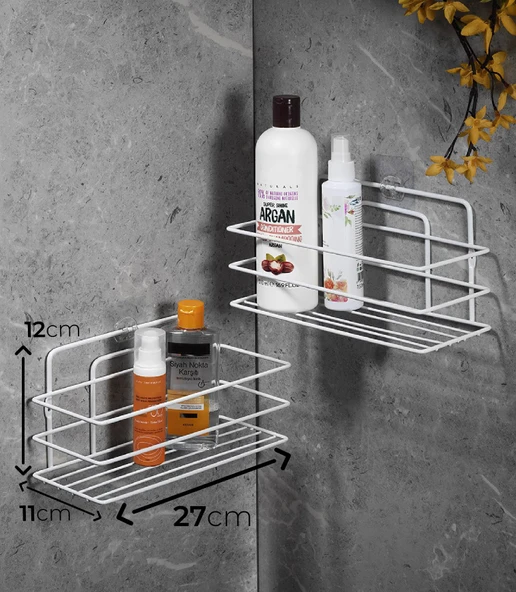 Tekli Beyaz Yapışkanlı Banyo Rafı + 2’li Askı Kanca Seti – Paslanmaz Metal Duş Şampuanlık (Yapıştır/Vidala) – TŞ-01 - Resim 6