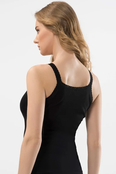 Türen Kadın Dantelli Askılı Pamuklu Atlet 2\'li Paket 202/Siyah - Resim 3