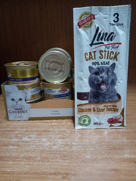 PRO PLAN GOURMET GOLD KIYILMIŞ HİNDİ ETLİ KEDİ KONSERVE 5 ADET+2 PAKET(6ADET) LİNA TAHILSIZ KEDİ ÖDÜL STİCK ürün görseli 1