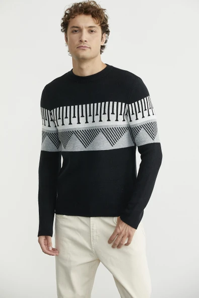 Çift Renk Motifli Triko Kazak - Siyah - Resim 3