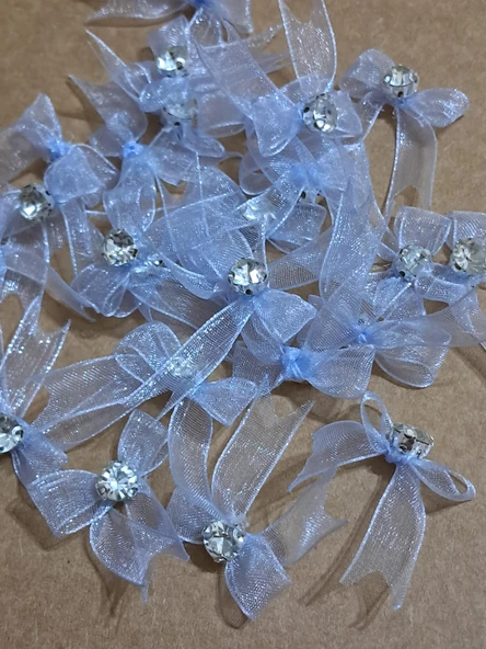 Pratikbox Mini Fiyonk / Gümüş Tek Taşlı / Tül 1cm'lik / Hediyelik / Süsleme / Mavi Renk / 50 Adet ürün görseli 1