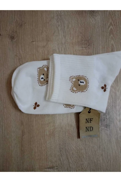 PAMUKLU KOKULU  ÇORABI YUMUŞAK  DESENLİ ÇORAP AYICIK KREM - Resim 2