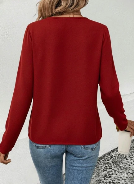 MDB Kadın Uzun Kollu V Parlak Yaka Detaylı Viskon Bluz - Resim 3