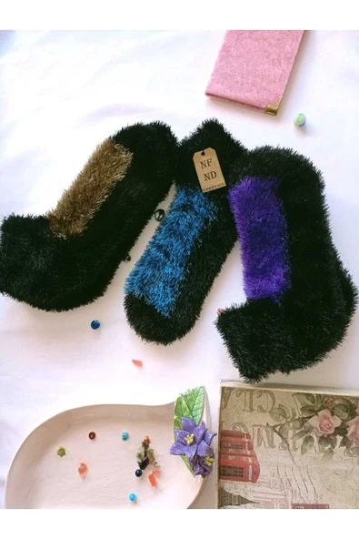 3 ÇİFT TÜYLÜ KIŞLIK TERMAL PATİK DİKİŞSİZ ÇORAP MOR MAVİ YEŞİL ERKEK KADIN EV-PARTİ ÇORABI 36-41 - Resim 3