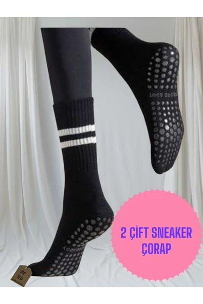 2 ÇİFT PİLATES YOGA ÇORABI KADIN KAYMAZ SİLİKON TABAN PAMUKLU SOKET TENİS ÇORAP ALTI HAVLULU SİYAH ürün görseli 1
