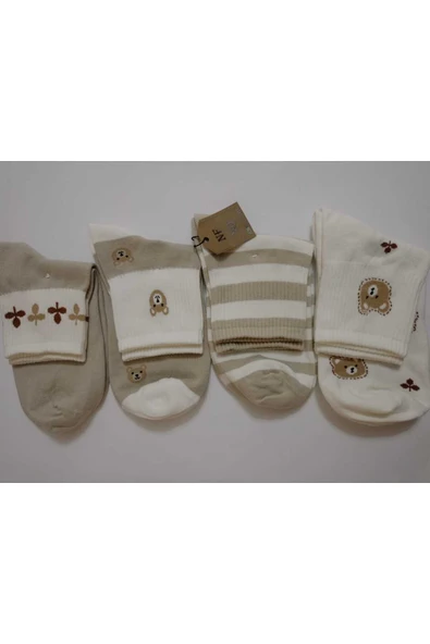 PAMUKLU KOKULU  ÇORABI YUMUŞAK  DESENLİ ÇORAP AYICIK KREM - Resim 3