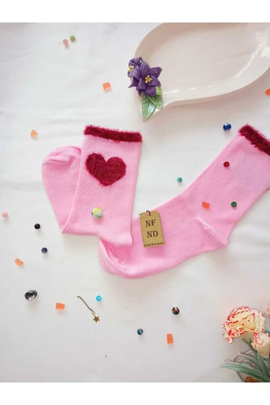 3 Çift Kalpli Peluş Penye Pamuklu Desenli Soket Kadın Çorabı Pembe Gri Kahverengi - Resim 4