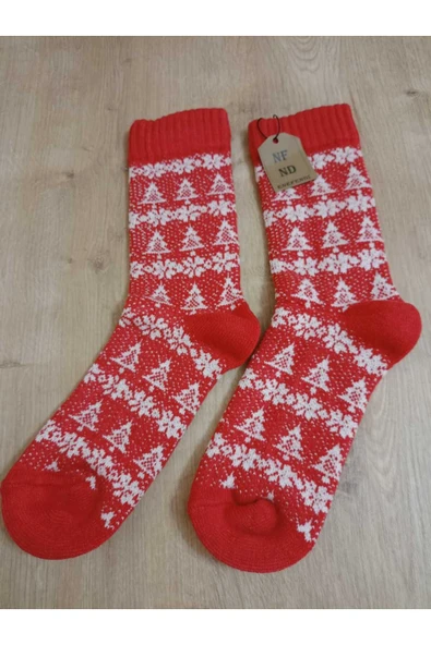 BAMBU TERMAL YIKAMALI SOKET YILBAŞI KADİFEMSİ YUMUŞAK DESENLİ ETNİK ÇORAP  ÇORABI KIRMIZI-BEYAZ - Resim 3