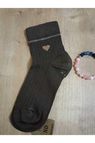 Taşlı Kalpli Likralı Pamuklu Kokulu Burun Dikişsiz Çorap Kahverengi Kadın Çorabı 36-40 ürün görseli 1