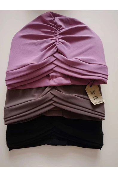 Üçbantlı Bone Hijab Tesettür Yarım Bone Şık Hazır Çapraz Türban Dış Bone Leylak Sandy Kumaş - Resim 4