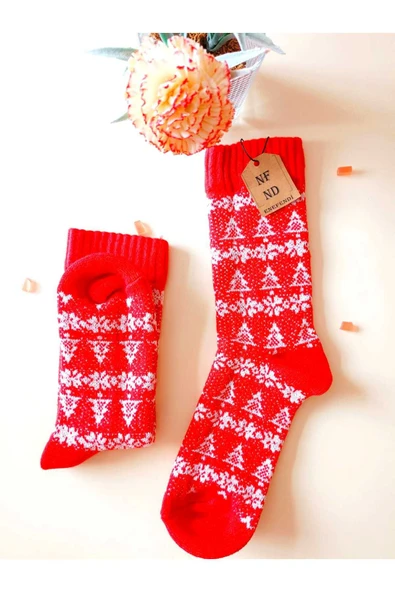 BAMBU TERMAL YIKAMALI SOKET YILBAŞI KADİFEMSİ YUMUŞAK DESENLİ ETNİK ÇORAP  ÇORABI KIRMIZI-BEYAZ ürün görseli 1