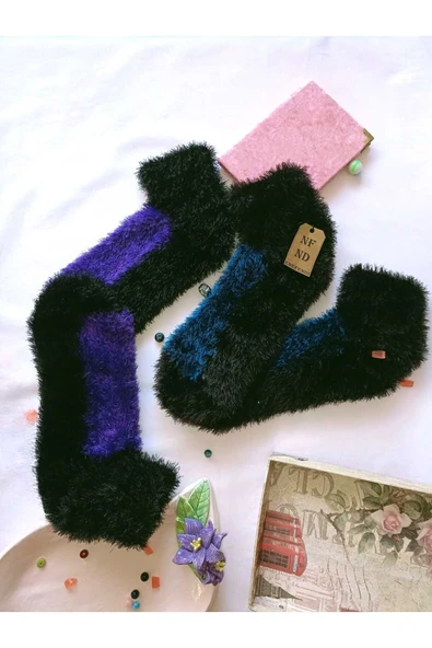 2 ÇİFT TÜYLÜ KIŞLIK TERMAL PATİK DİKİŞSİZ ÇORAP MOR LACİVERT ERKEK KADIN EV-PARTİ ÇORABI 36-41 - Resim 6