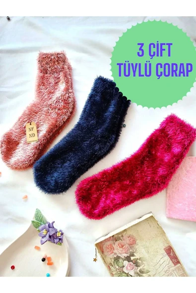 3 Çift Tüylü Kışlık Termal Patik Dikişsiz Çorap  GÜL K LACİ FUŞYA 36-41. ürün görseli 1