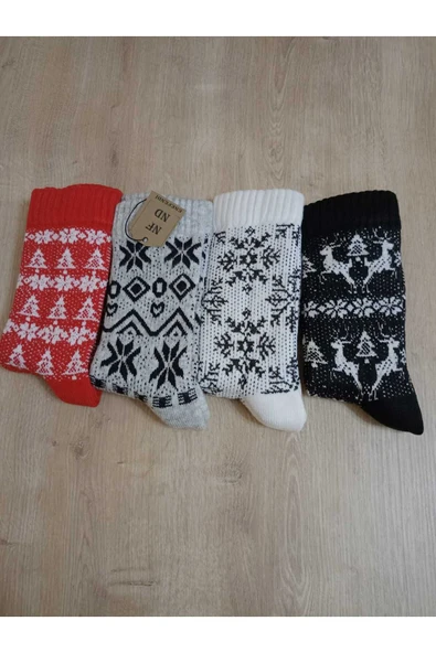 BAMBU TERMAL YIKAMALI SOKET YILBAŞI KADİFEMSİ YUMUŞAK DESENLİ ETNİK ÇORAP  ÇORABI KIRMIZI-BEYAZ - Resim 5