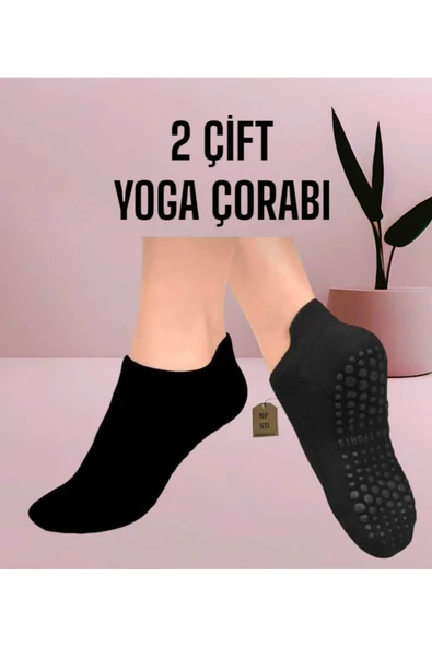 2 Çift Yoga Pilates Tavaf Dikişsiz Çorap Kadın Kaymaz Taban Pamuklu Silikon Baskılı Siyah ürün görseli 1