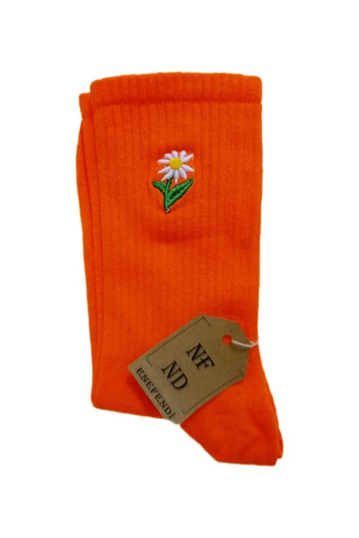 Nakışlı Kadın Tekli Soket Çiçek Nakışlı Çorabı Turuncu ürün görseli 1