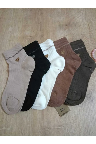 Taşlı Kalpli Likralı Pamuklu Kokulu Burun Dikişsiz Çorap Kahverengi Kadın Çorabı 36-40 - Resim 5