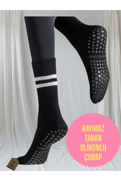 2 ÇİFT PİLATES YOGA ÇORABI KADIN KAYMAZ SİLİKON TABAN PAMUKLU SOKET TENİS ÇORAP ALTI HAVLULU SİYAH - Resim 3