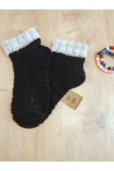 KOKULU SICAK YILBAŞI  HAVLU TAY TÜYÜ  PATİK KABARTMALI  YUMUŞAK SÜSLÜ SİYAH ÇORAP 36-40 - Resim 3
