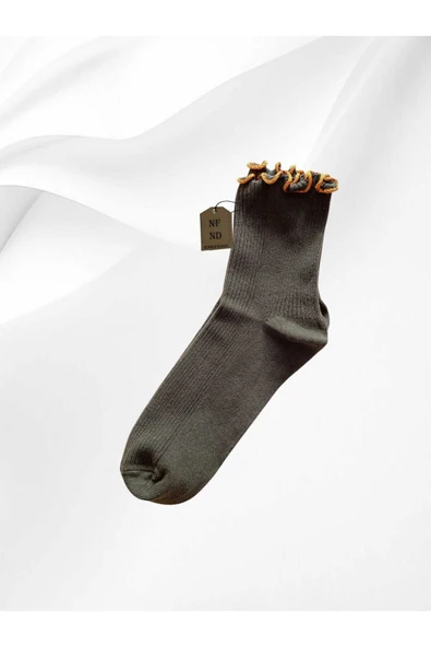 DERBİLİ JAKARLI ALTIN SARISI FIRFIRLI   ÇORABI SOKET KADIN LİKRALI PAMUKLU YEŞİL ÇORAP 36-40 - Resim 2