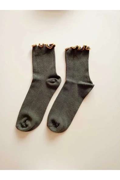 DERBİLİ JAKARLI ALTIN SARISI FIRFIRLI   ÇORABI SOKET KADIN LİKRALI PAMUKLU YEŞİL ÇORAP 36-40 - Resim 8