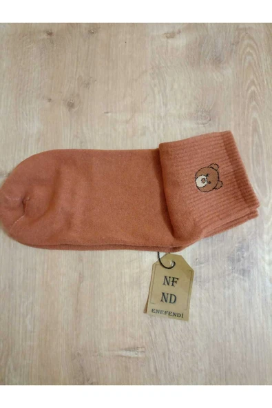 PAMUKLU KOKULU  ÇORABI YUMUŞAK  DESENLİ DİKİŞSİZ AYICIK DESENLİ TABA RENK ARA KONÇ ÇORAP - Resim 4