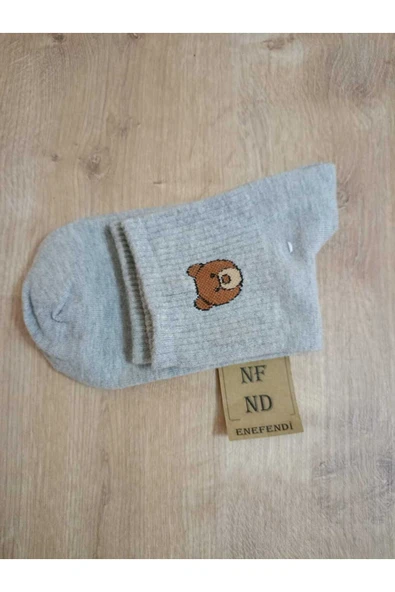 PAMUKLU KOKULU  ÇORABI YUMUŞAK  DESENLİ DİKİŞSİZ AYICIK DESENLİ GRİ RENK ARA KONÇ ÇORAP - Resim 3