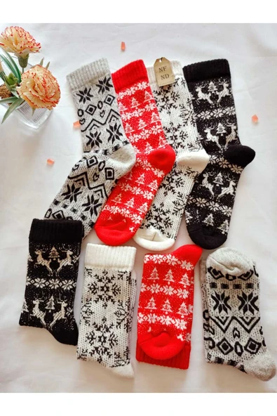 BAMBU TERMAL YIKAMALI SOKET YILBAŞI KADİFEMSİ YUMUŞAK DESENLİ ETNİK ÇORAP  ÇORABI KIRMIZI-BEYAZ - Resim 8