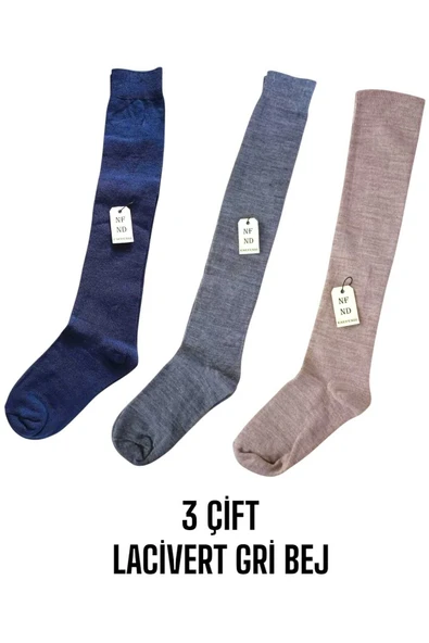 ANNE ÇORABI 3ÇİFT DİZALTI KALIN SICAK LİKRALI ESNEK YÜNLÜ RAHAT UZUN ÇORAP 36-40 LACİVERT GRİ BEJ ürün görseli 1