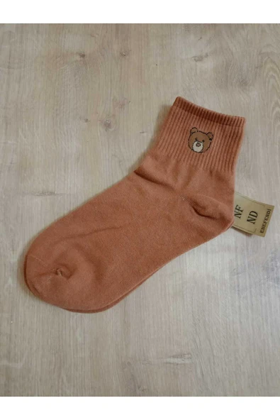 PAMUKLU KOKULU  ÇORABI YUMUŞAK  DESENLİ DİKİŞSİZ AYICIK DESENLİ TABA RENK ARA KONÇ ÇORAP ürün görseli 1