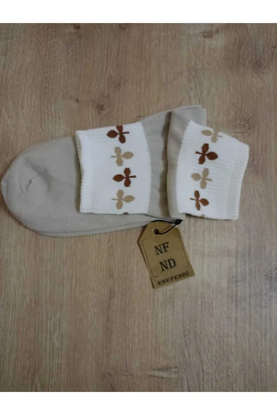 PAMUKLU KOKULU  ÇORABI YUMUŞAK YAPRAK DESENLİ ÇORAP SÜTLÜ KAHVE KREM - Resim 4