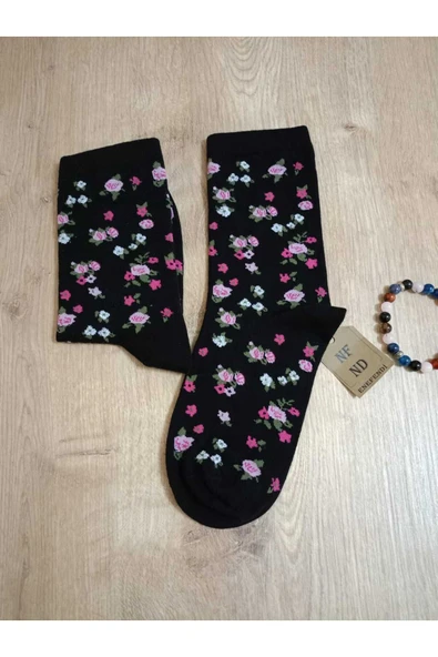 SİMLİ PAMUKLU DİKİŞSİZ YILBAŞI ÇİÇEKLİ  SOKET ÇORABI YUMUŞAK SİYAH KADIN ÇORAP 36-40 - Resim 7