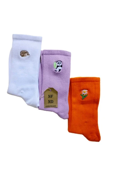 Nakışlı Kadın Tekli Soket Çiçek Nakışlı Çorabı Turuncu - Resim 5